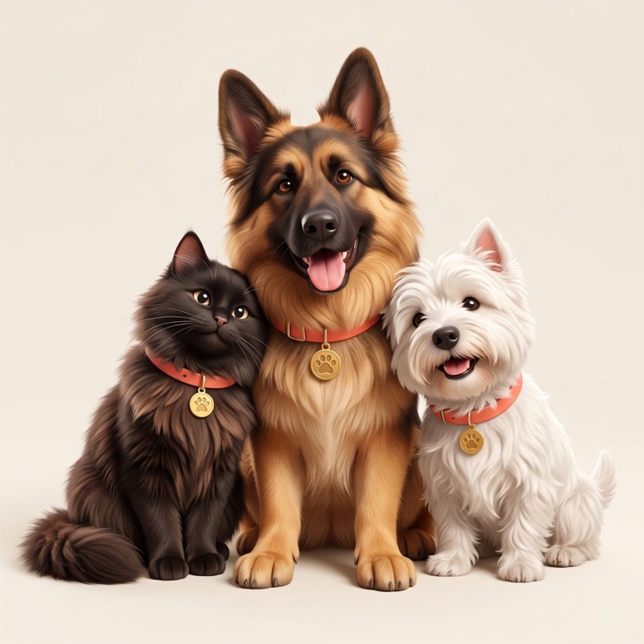 Un pastor alemán, un gato negro y un westie, cada uno con su plaquita dorada